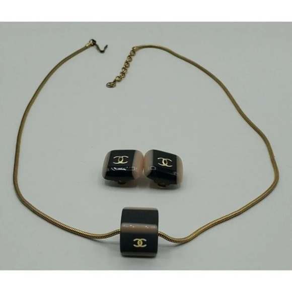 Vintage Authentic Chanel Logo Necklace &  Square Clip Earrings Set ~ Signature - Picture 3 of 11